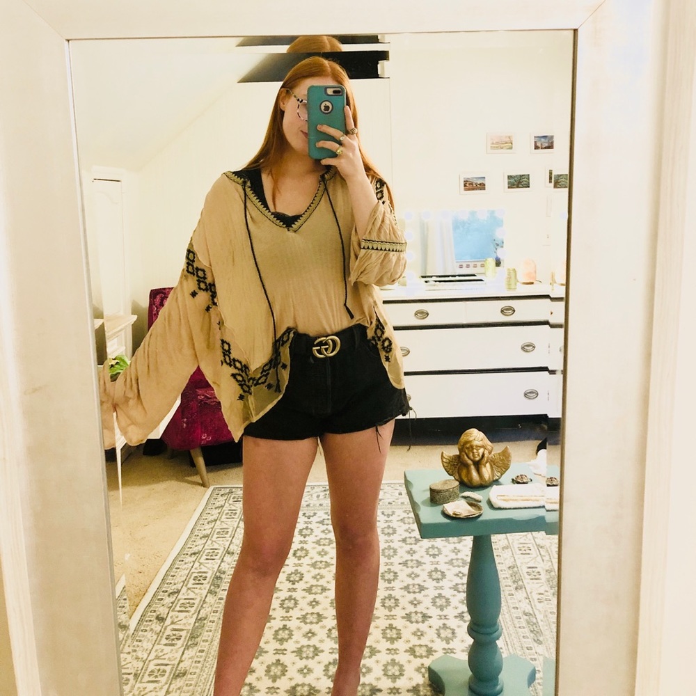 Free People tan embroidered long sleeve blouse